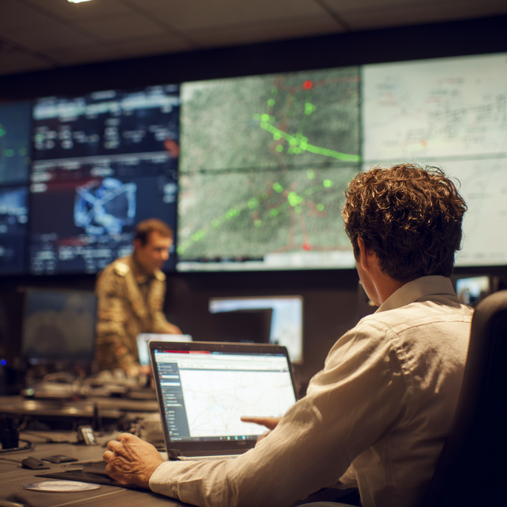 Military personnel in command center using AI technology