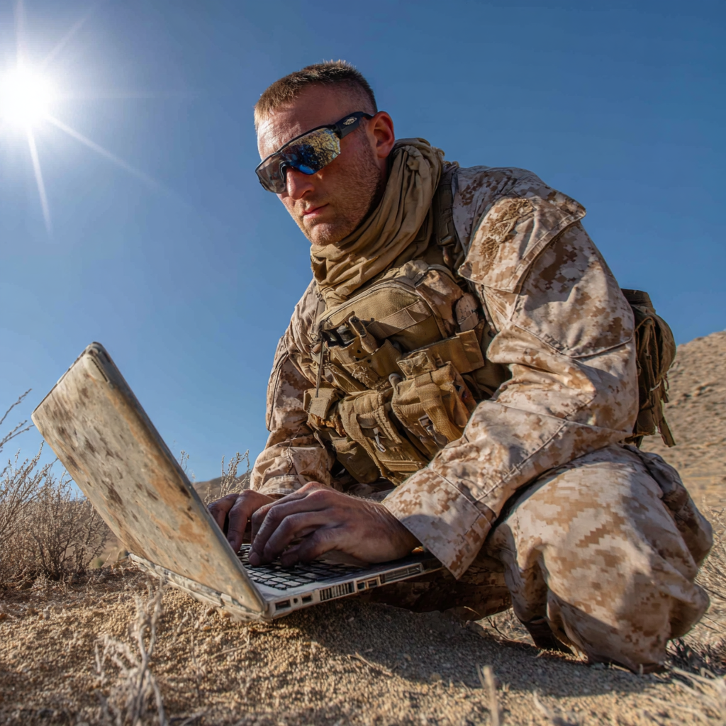 Modern warfighter using AI technology in the field